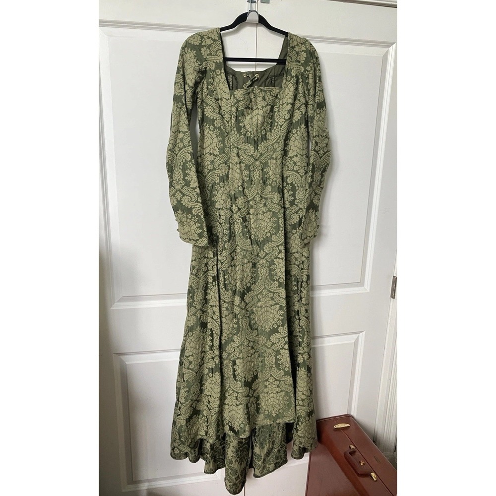 Homemade Brocade Green Renaissance Maxi Dress Whimsigoth Damask Corset Medieval - Picture 5 of 16